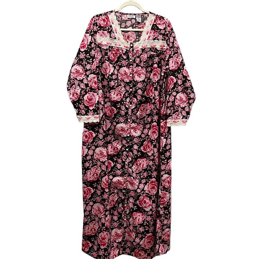 Dream & Co Cotton Lounge Dress Robe Maxi, Button, Pockets, Floral, L